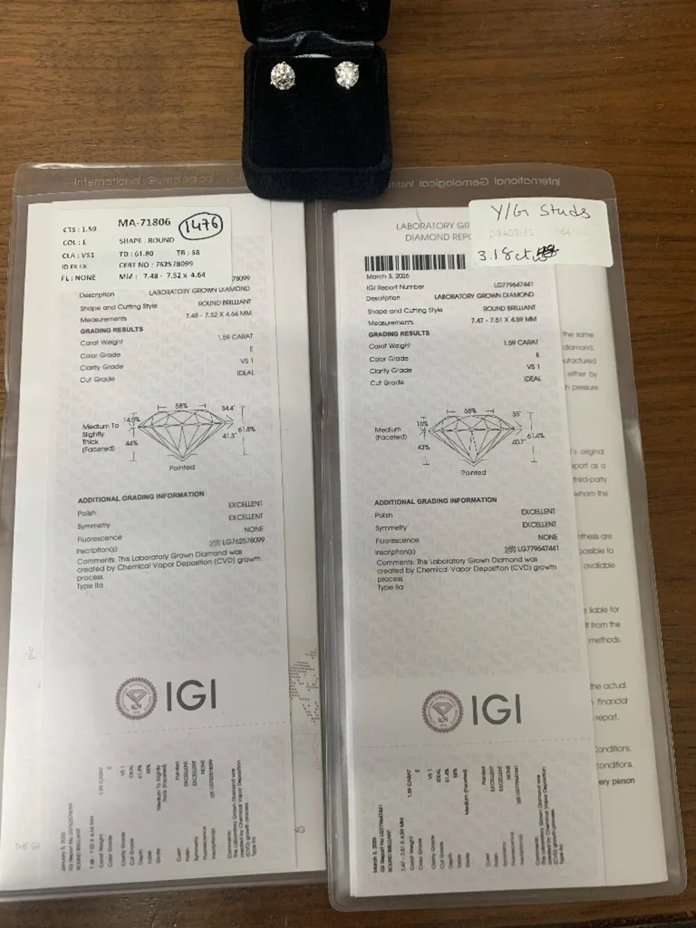 Earring lab grown | IGI certified | 3 carat total weight | 1.5 carat each| 14k